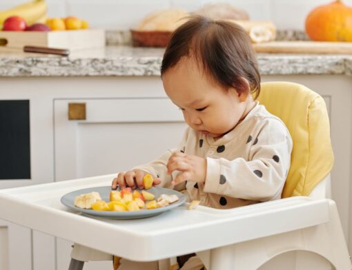 Uma criança sentada em um cadeirão infantil, comendo frutas que estão cortadas e dispostas em um prato.